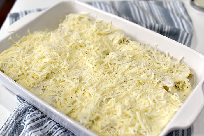 Stuffed manicotti covered with alfredo sauce and grated cheese in a white baking dish. 