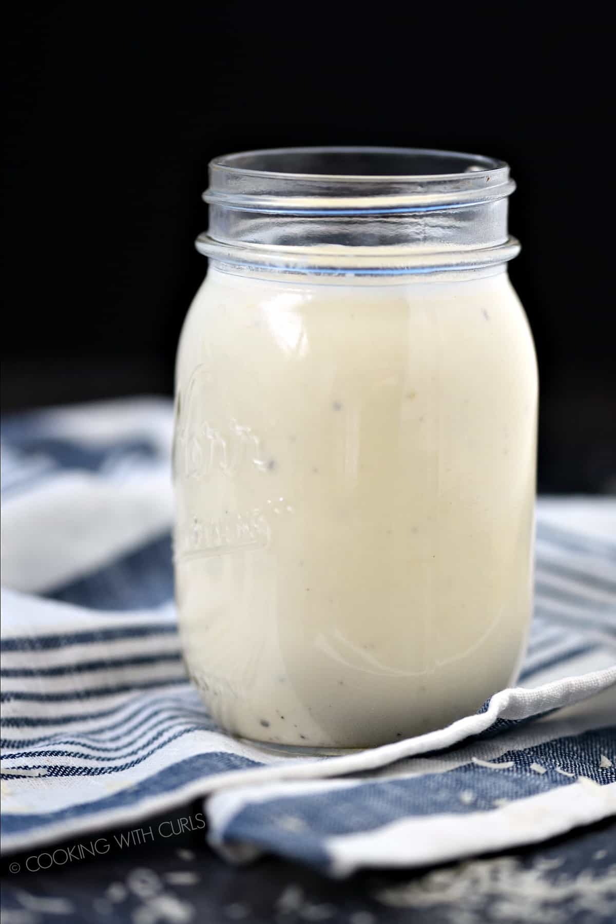 Looking at the side of a glass jar filled with Classic Alfredo Sauce.