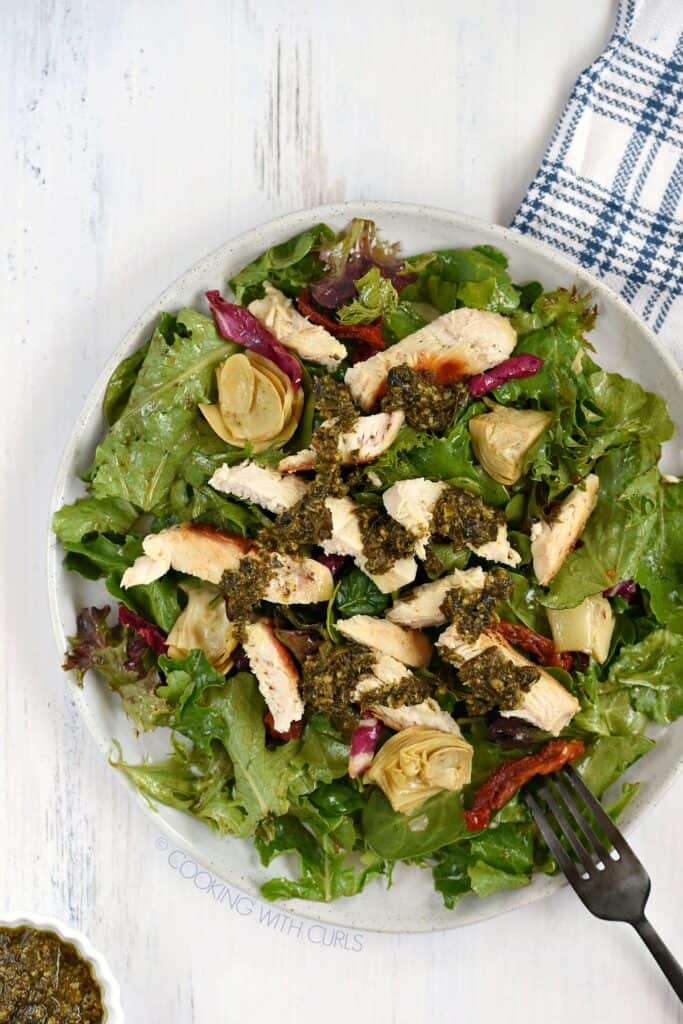 Looking down on a large white plate topped with mixed greens, artichoke hearts, sun-dried tomatoes, and sliced chicken drizzled with pesto.