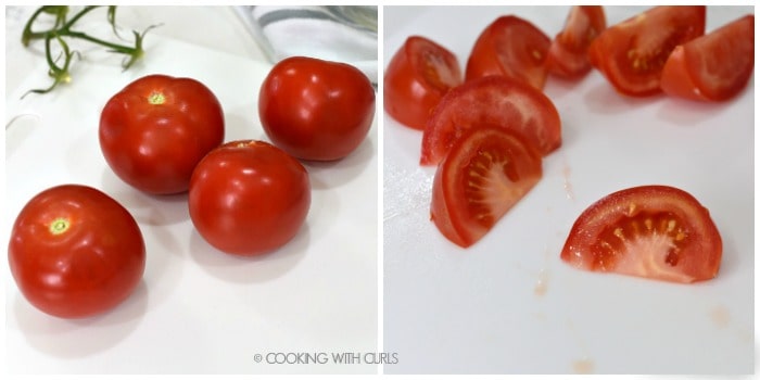 A collage with 4 tomatoes on the left and 8 tomato wedges on the right. 