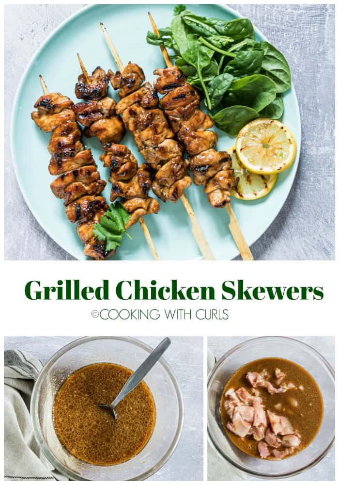 Grilled chicken skewers cooked on plate with marinade in separate bowl.