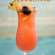 An orange cocktail in a hurricane glass topped with a pineapple wedge, orange slice and fresh blackberry.