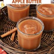Three jars of apple butter on a wicker tray with title graphic across the top.