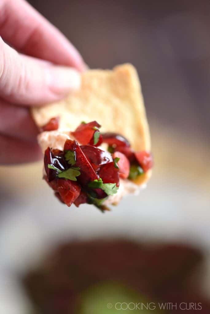 a hand holding a pita chip with chopped cherry, jalapeno and cilantro salsa.