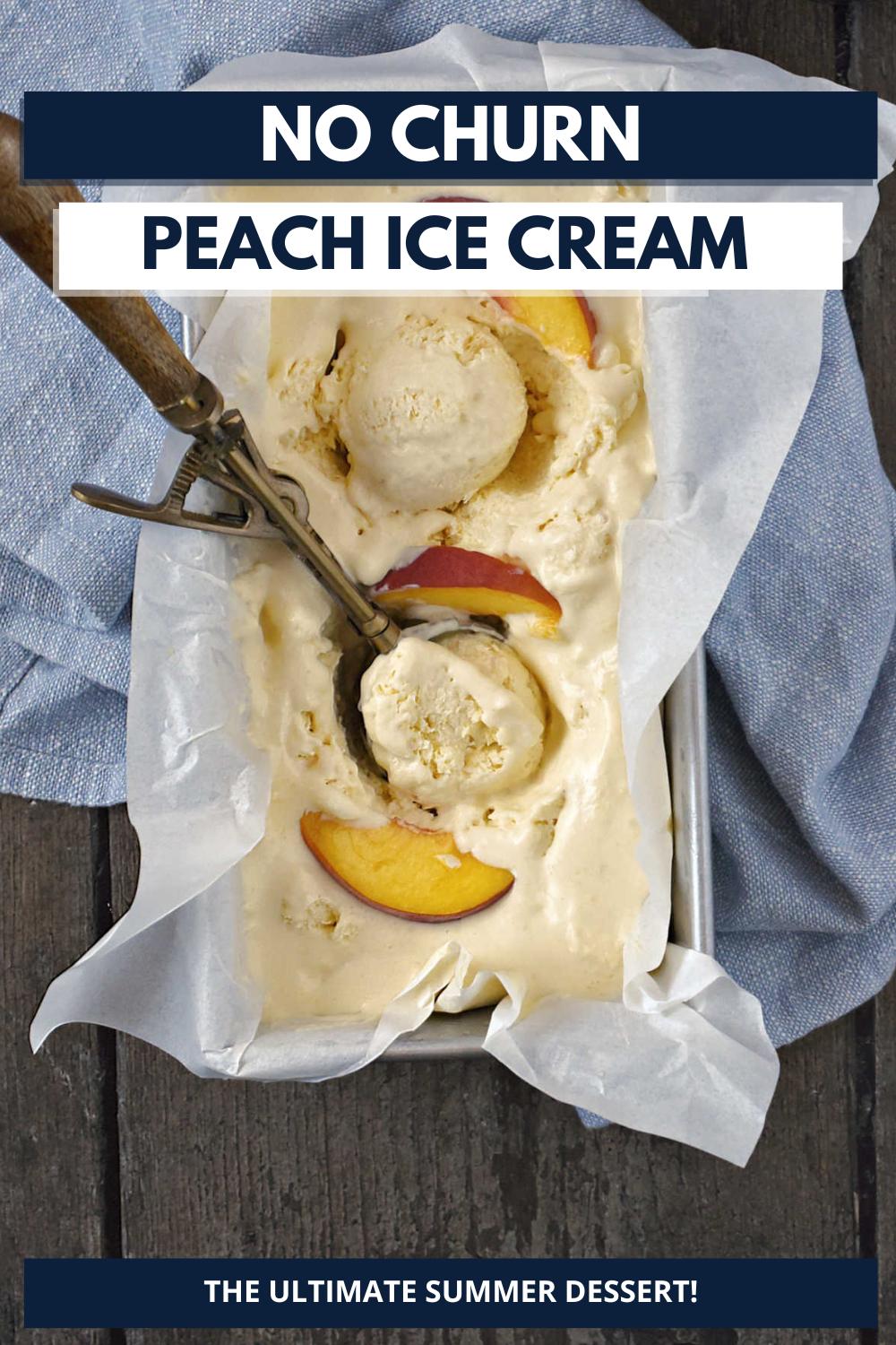 Peach ice cream in a loaf pan with parchment paper and title graphic across the top.