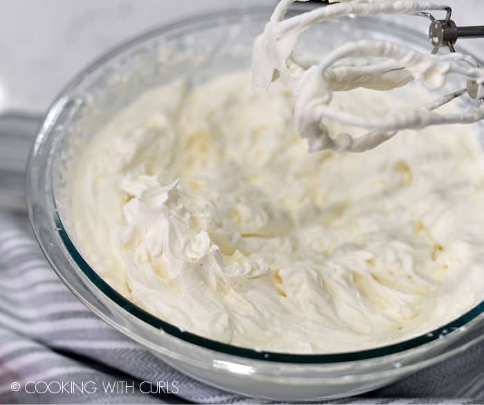 heavy cream, sugar, salt and vanilla whipped in a glass bowl into stiff peaks. 