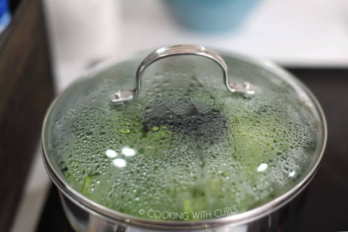 a clear lid covered in condensation sits on a saucepan filled with fresh broccoli simmering on the stove. 