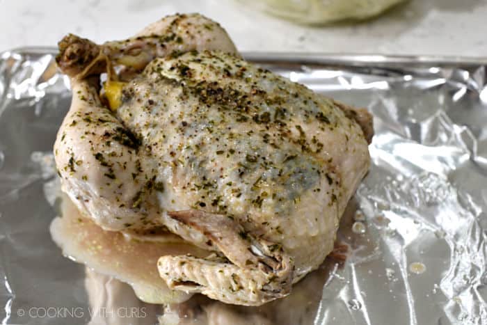 a cooked Instant Pot Whole Greek Chicken on a foil lined baking sheet. 