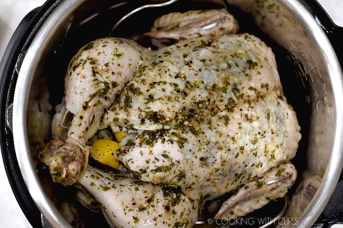 a cooked, whole Greek chicken inside an Instant Pot. 
