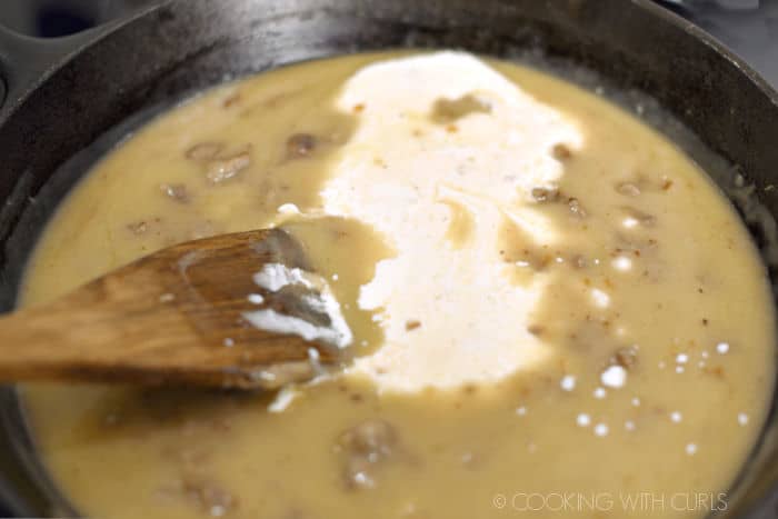 heavy cream added to the gravy in the skillet. 