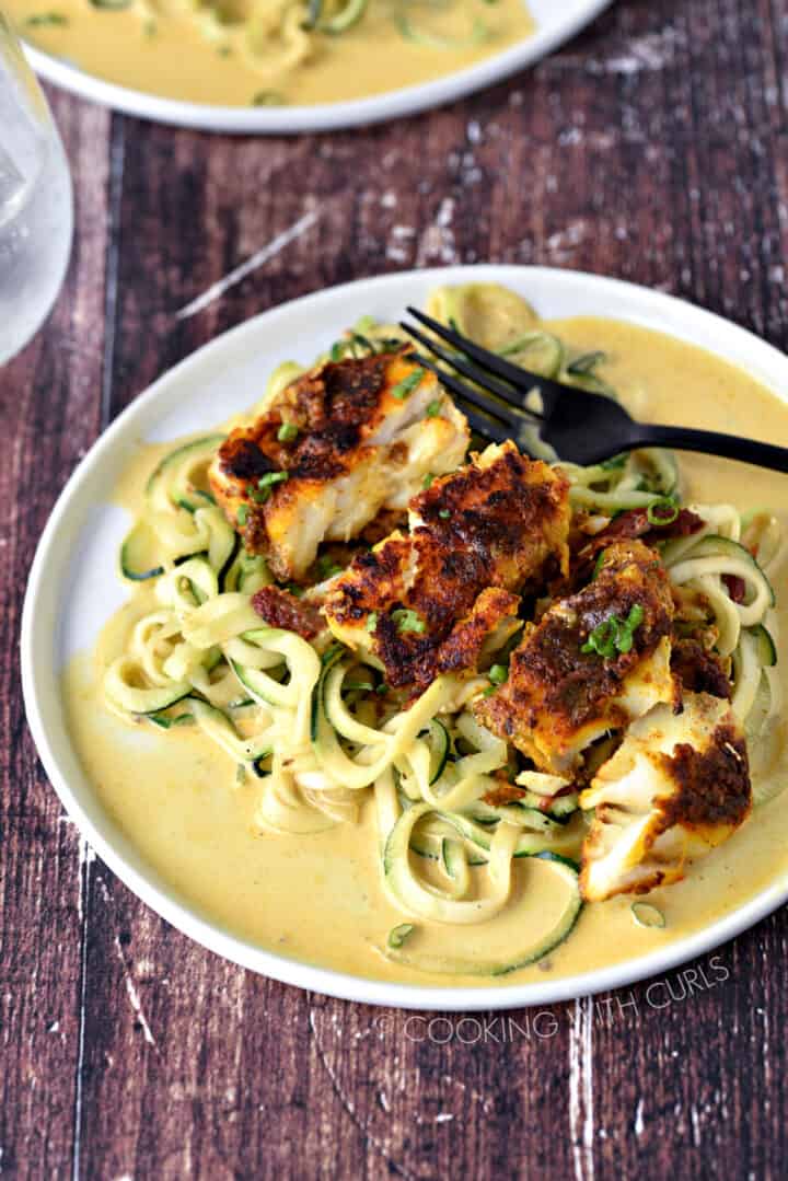 Cod and Zucchini Noodles Cooking with Curls