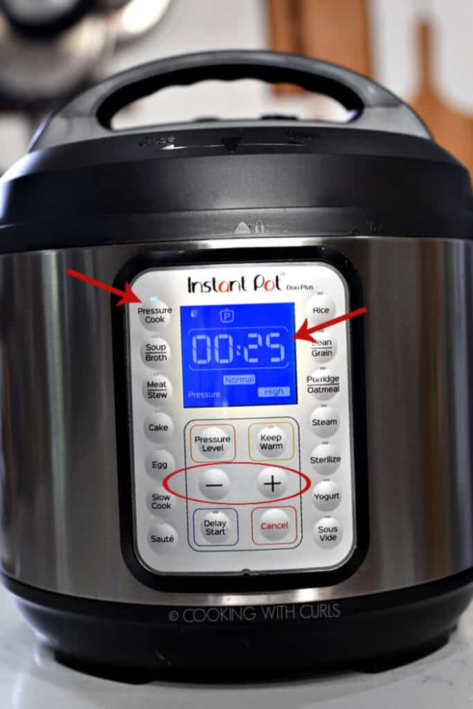 Instant Pot set to 25 minutes on high pressure cook with arrows to highlight buttons. 