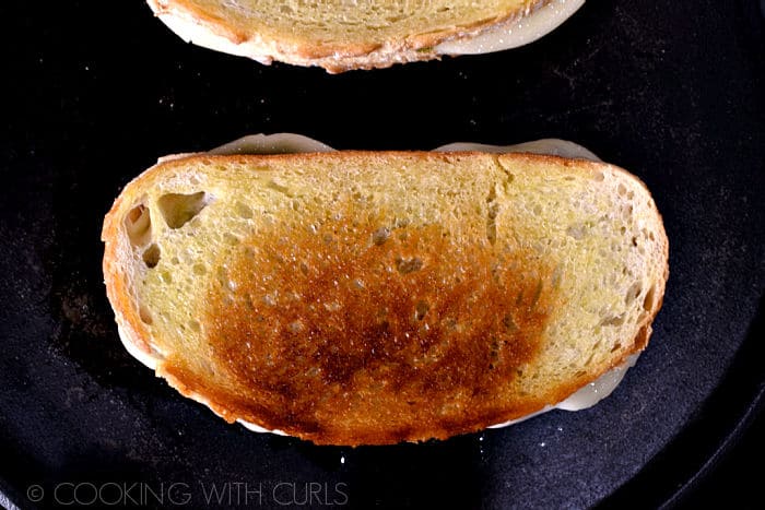 Prefectly grilled cheese sandwich on a skillet. 