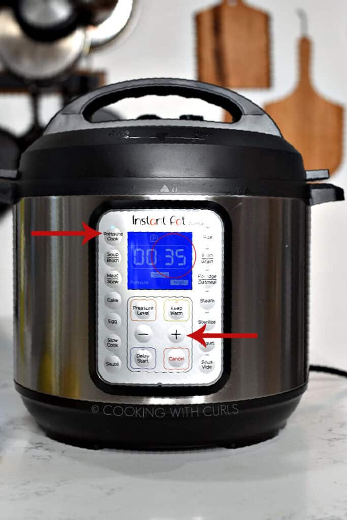 Pressure Cook 35 minutes use arrows to adjust time on pressure cooker. 