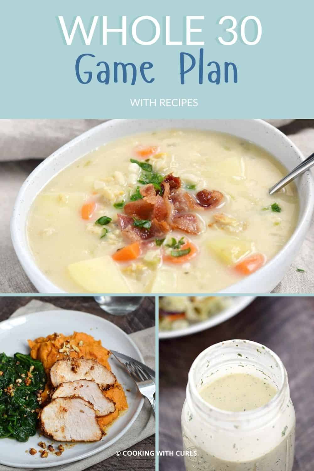 A collage image with clam chowder, pork with sweet potatoes, and ranch dressing with graphic title across the top.
