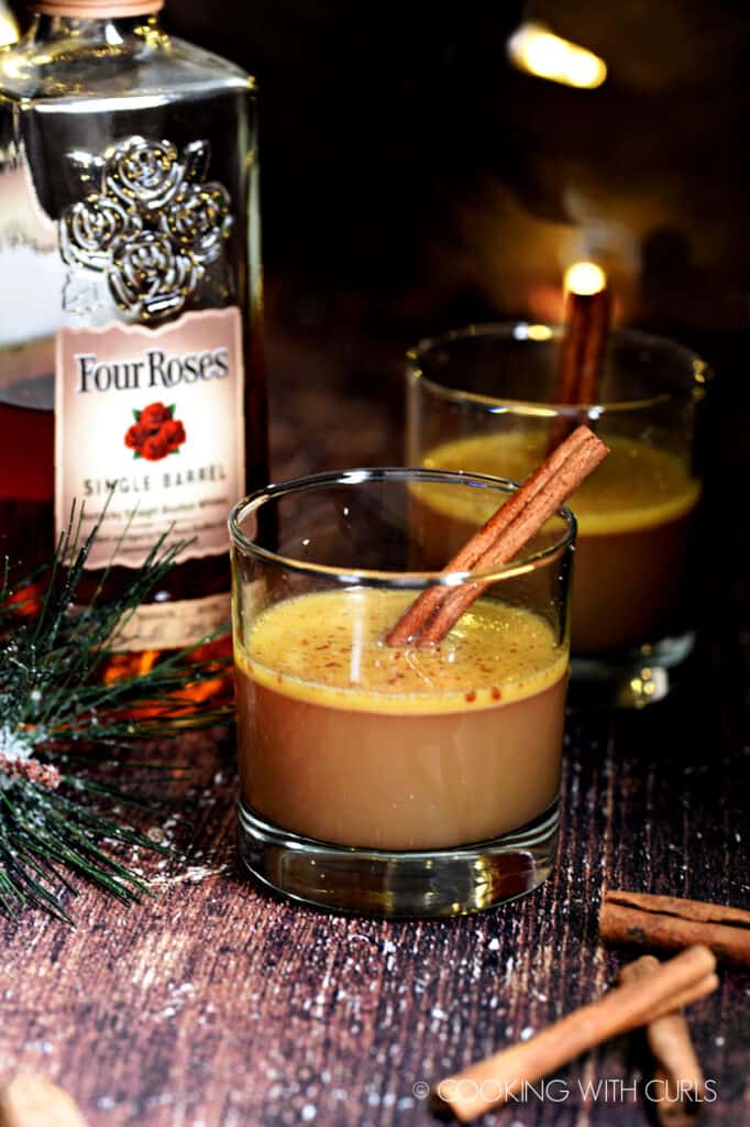 Hot Buttered Bourbon with apple cider and cinnamon sticks. 