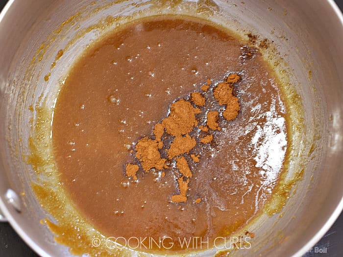 Melted butter, brown sugar and spices in a saucepan. 