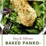 A close-up image looking down on a panko crusted fish filet on a bed of leafy greens with a lemon wedge on the side and title graphic across the bottom.