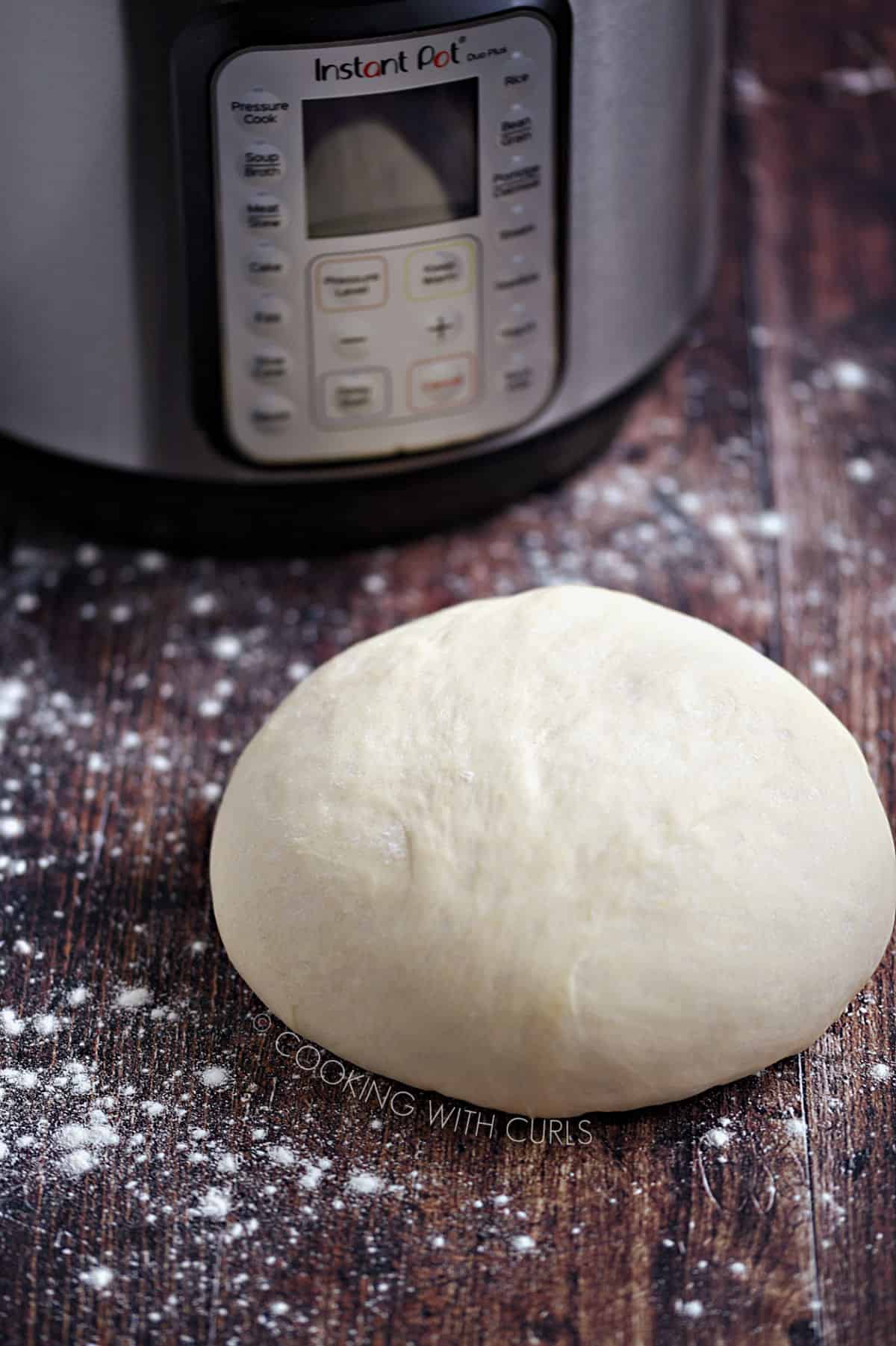 Dough Proofed in an Instant Pot sitting on a wood surface surrounded by a dusting of flour.