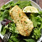 looking down on a panko crusted fish filet on a bed of leafy greens with a lemon wedge on the side.