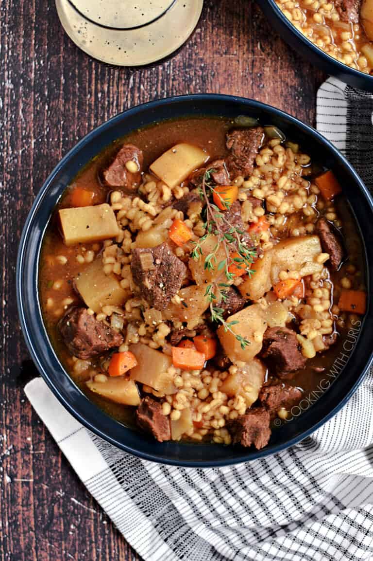 Instant Pot Beef and Barley Stew Cooking with Curls