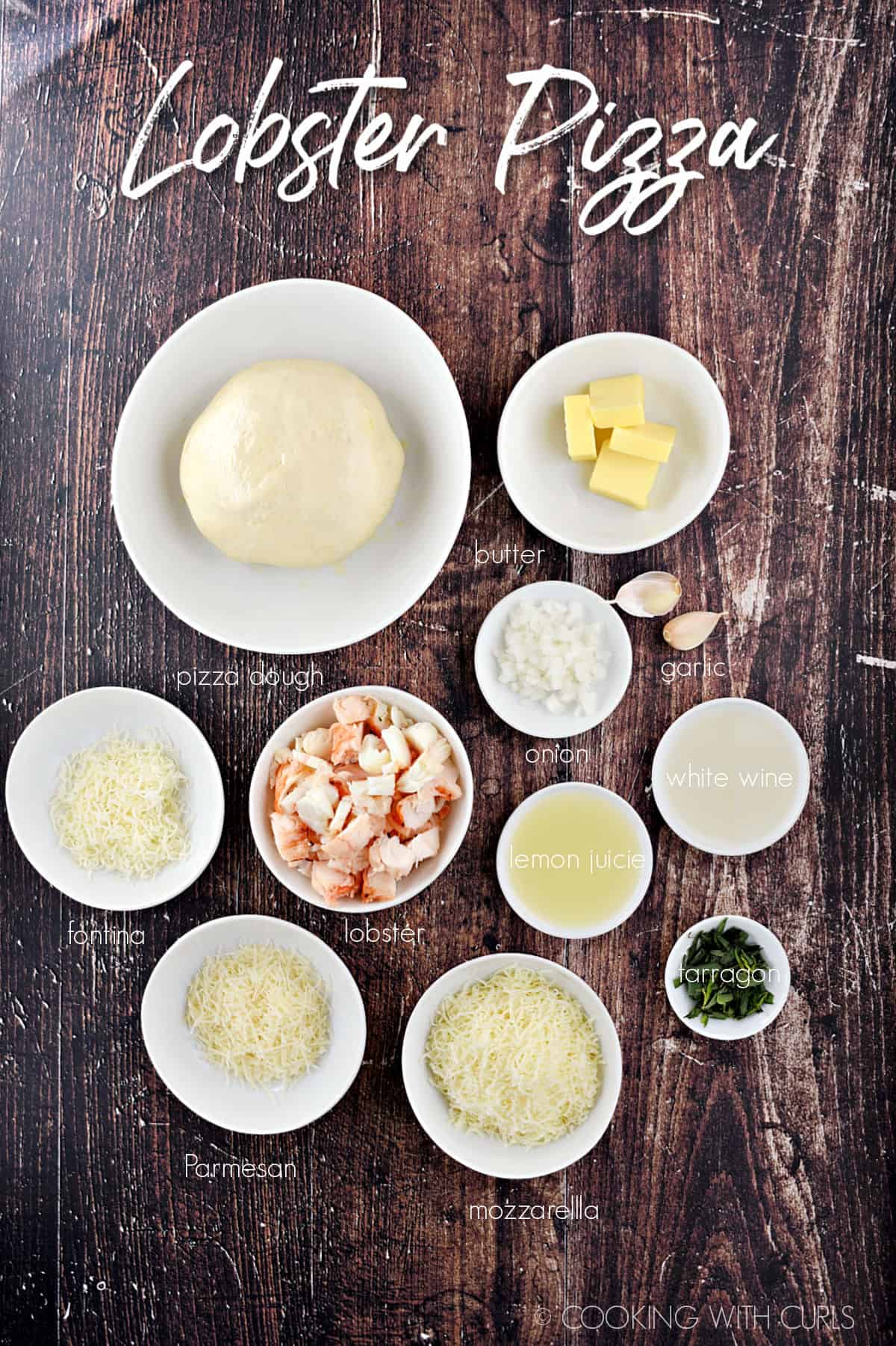 Ingredients to make Lobster Pizza in white bowls. 