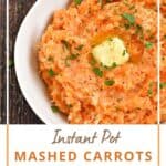 Instant Pot Mashed Carrots and Parsnips topped with butter and chopped parsley with title graphic across the bottom.