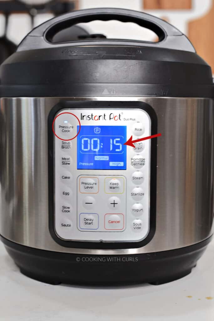 Pressure cooker set to 15 minutes on HIGH pressure. 