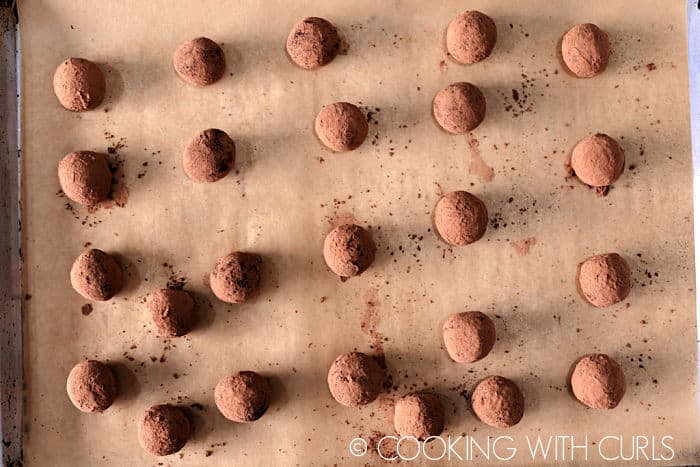 Red Wine Chocolate Truffles rolled in cocoa sitting on a parchment lined baking sheet. 