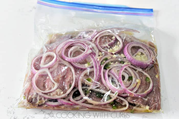 Carne Asada marinade and red onion slices in a zipper topped storage bag. 