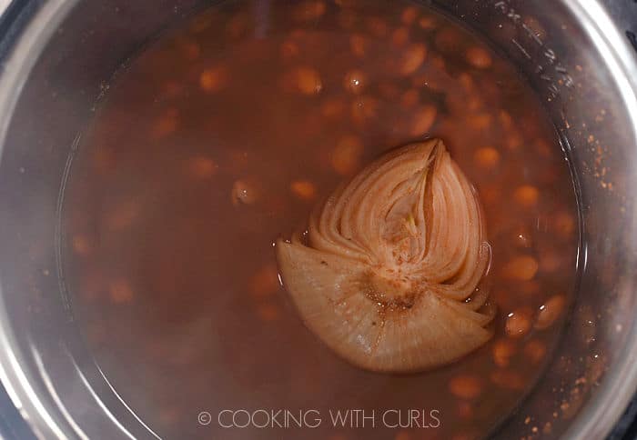 Cooked pinto beans in water with half of a white onion. 