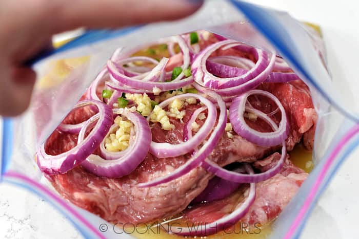 Looking into a zipper top storage bag filled with skirt steak red onion slices and marinade. 