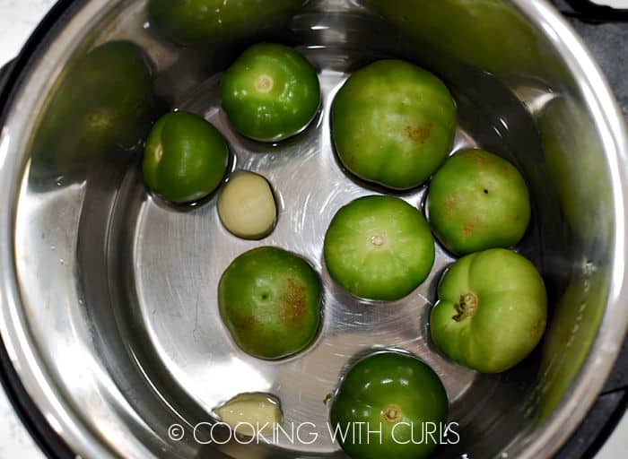Tomatillos, water, and garlic in a pressure cooker. 