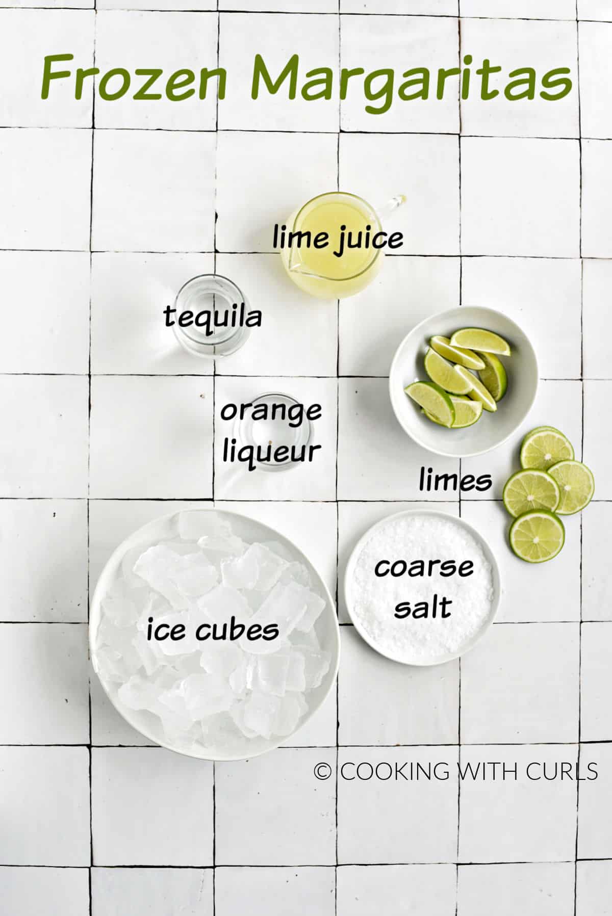 Lime juice, tequila, orange liqueur, lime garnish, coarse salt and ice cubes. 