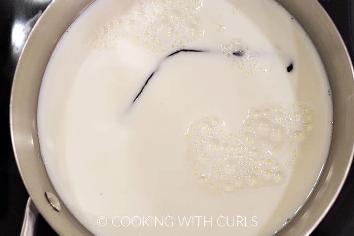 Milk and vanilla bean in a medium saucepan.