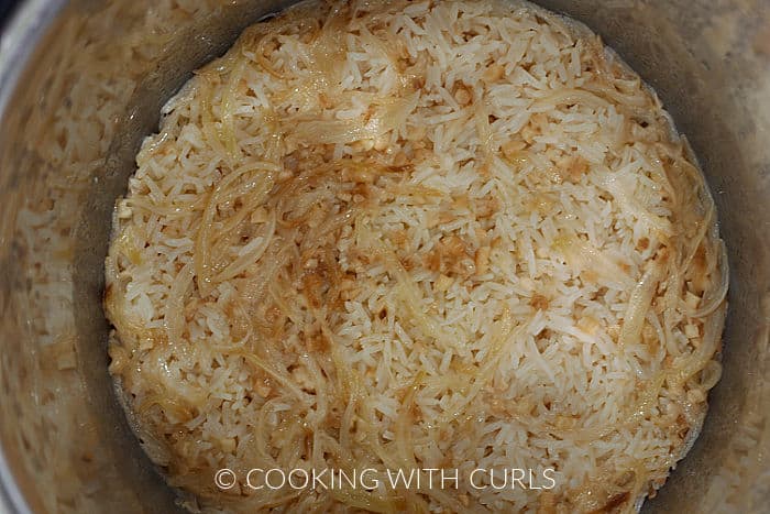 Cooked rice in a pot. 