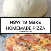 An image of pizza dough on top and an image of pepperoni pizza on the bottom with a title graphic in the middle.