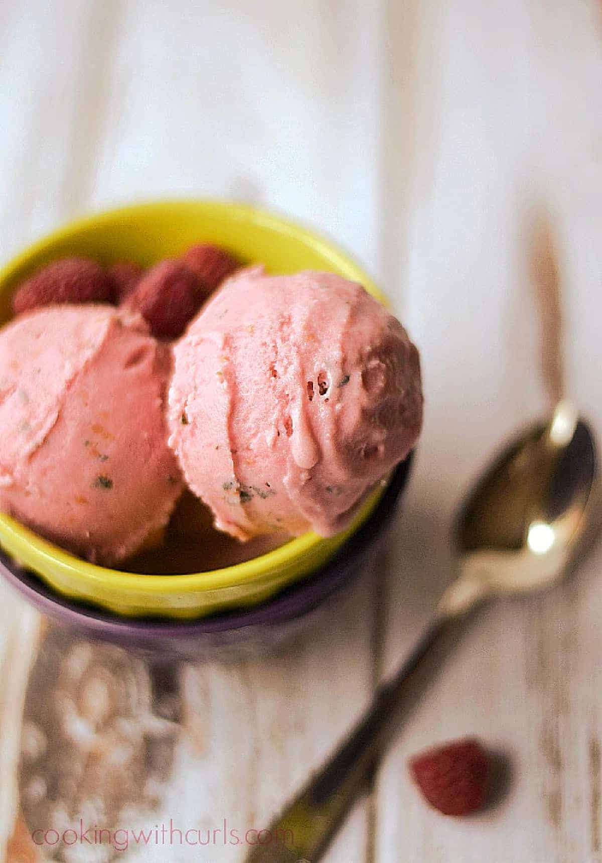 Two scoops of Raspberry Thyme Ice Cream in a green bowl stacked in a purple bowl.  