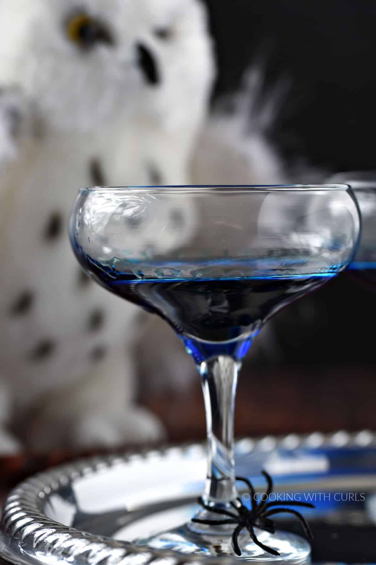 Blue liquid in a stemmed cocktail glass with a spider on the base and owl in the background. 
