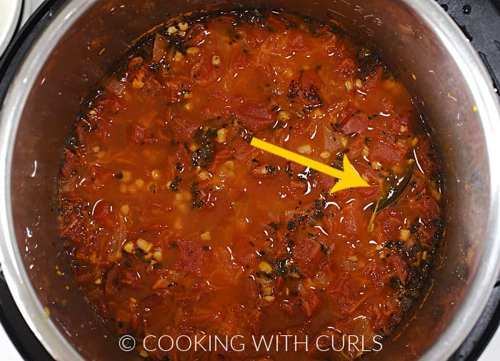 The cooked soup in the pressure cooker with an arrow pointing at the bay leaf that needs to be removed. 