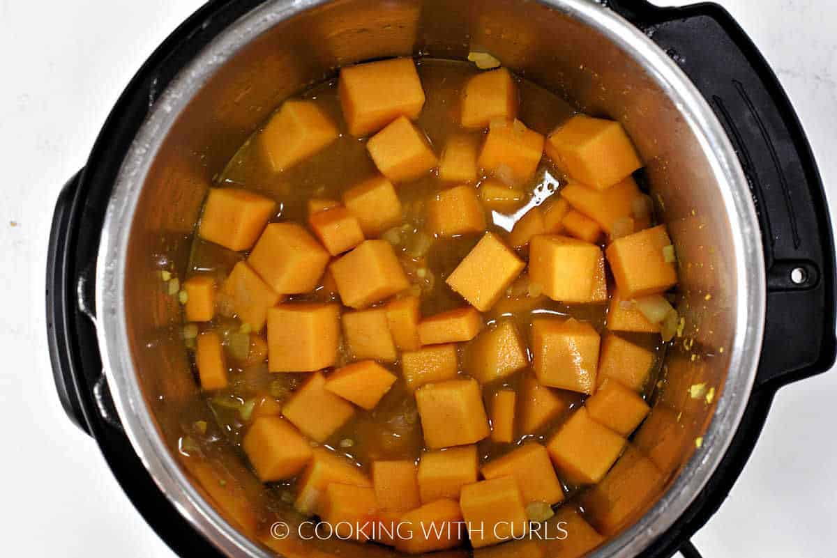 Butternut Squash cubes added to the pressure cooker.