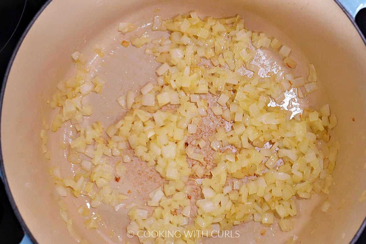 Chopped onion and garlic in a large pan. 
