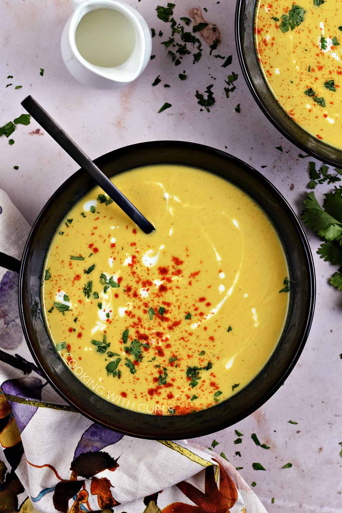 Two dark bowls of Butternut Squash soup topped with paprika, chopped cilantro and kefir drizzle.