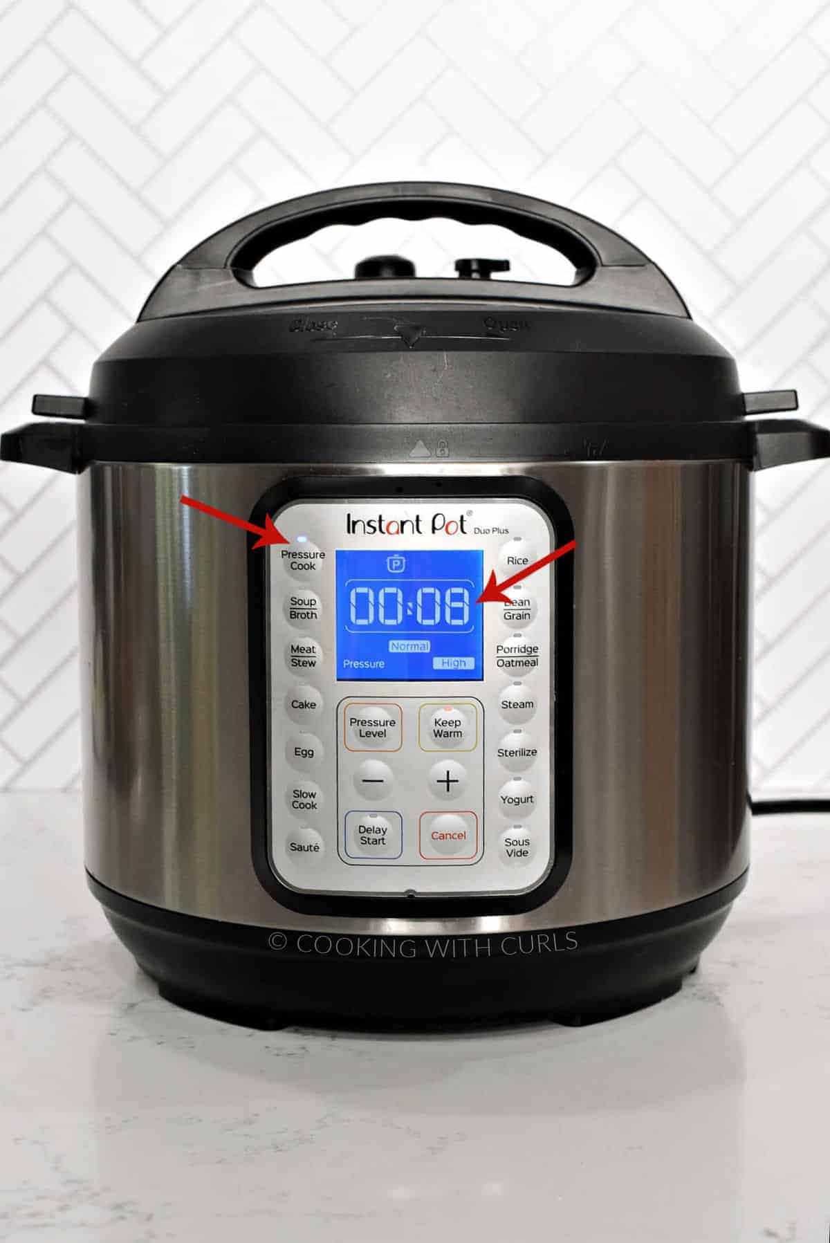 Instant Pot set to 8 minutes on Pressure Cook at High Pressure. 