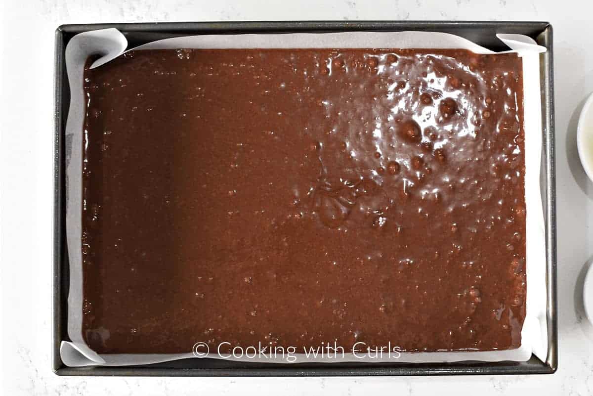 Brownie batter in the prepared baking pan. 