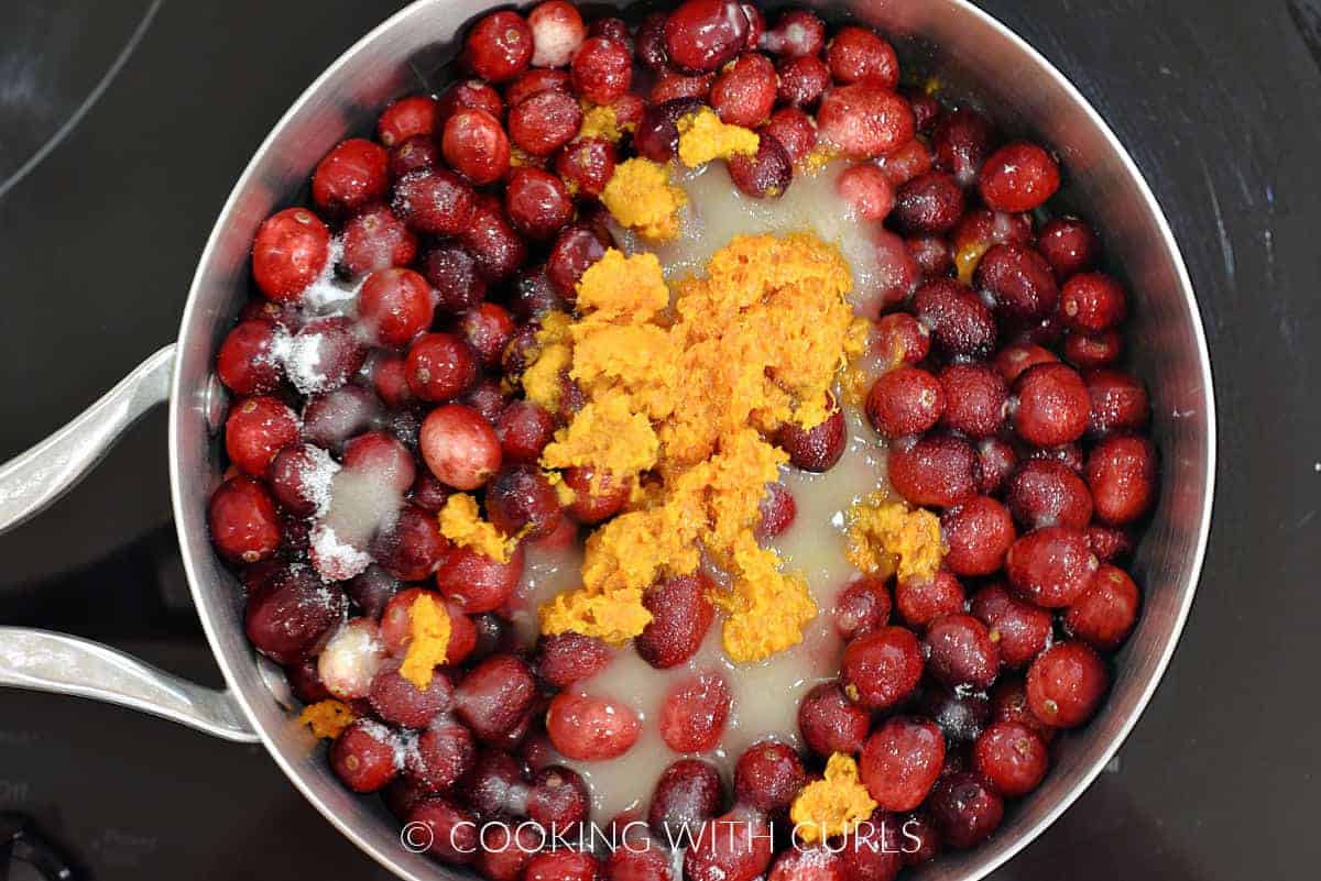Cranberries, orange zest and juice, sugar, and water in a saucepan. 