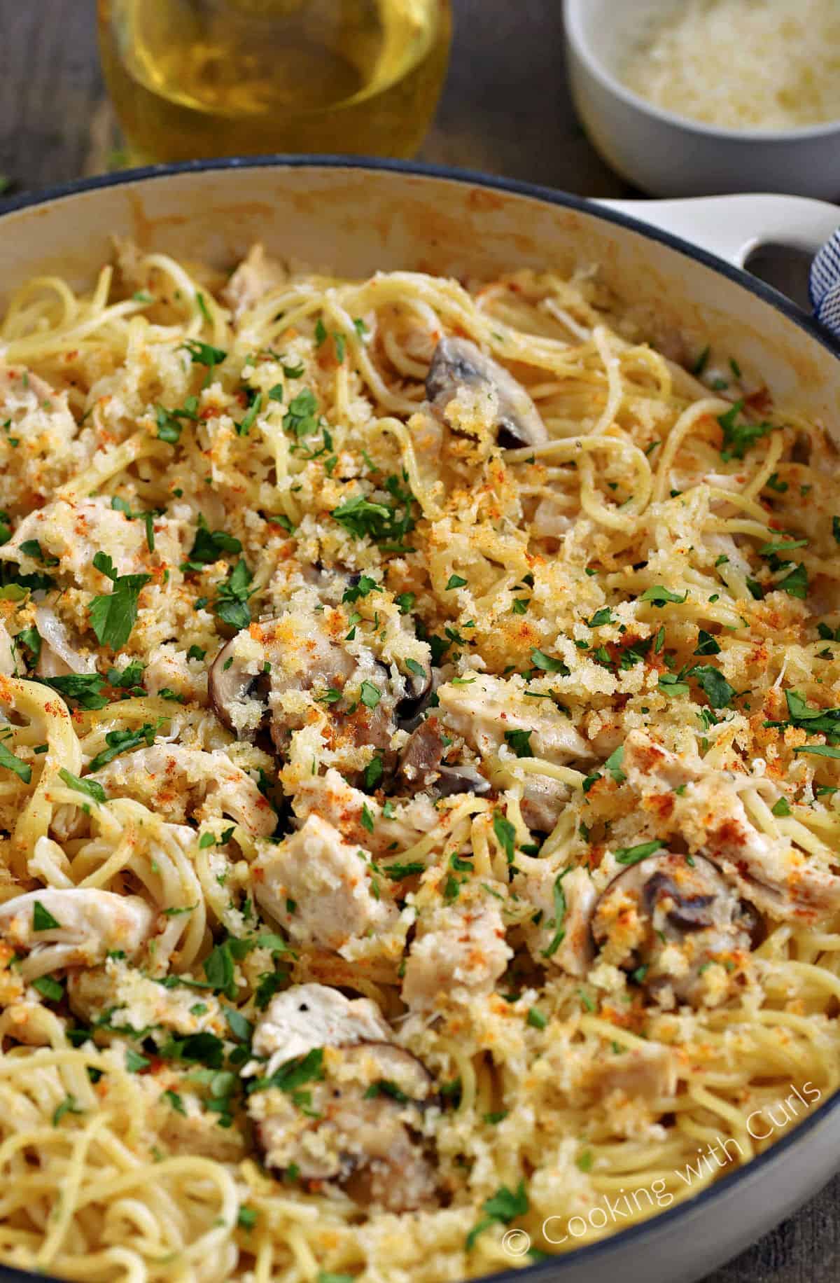 Close-up image of Chicken Tetrazzini in a skillet.