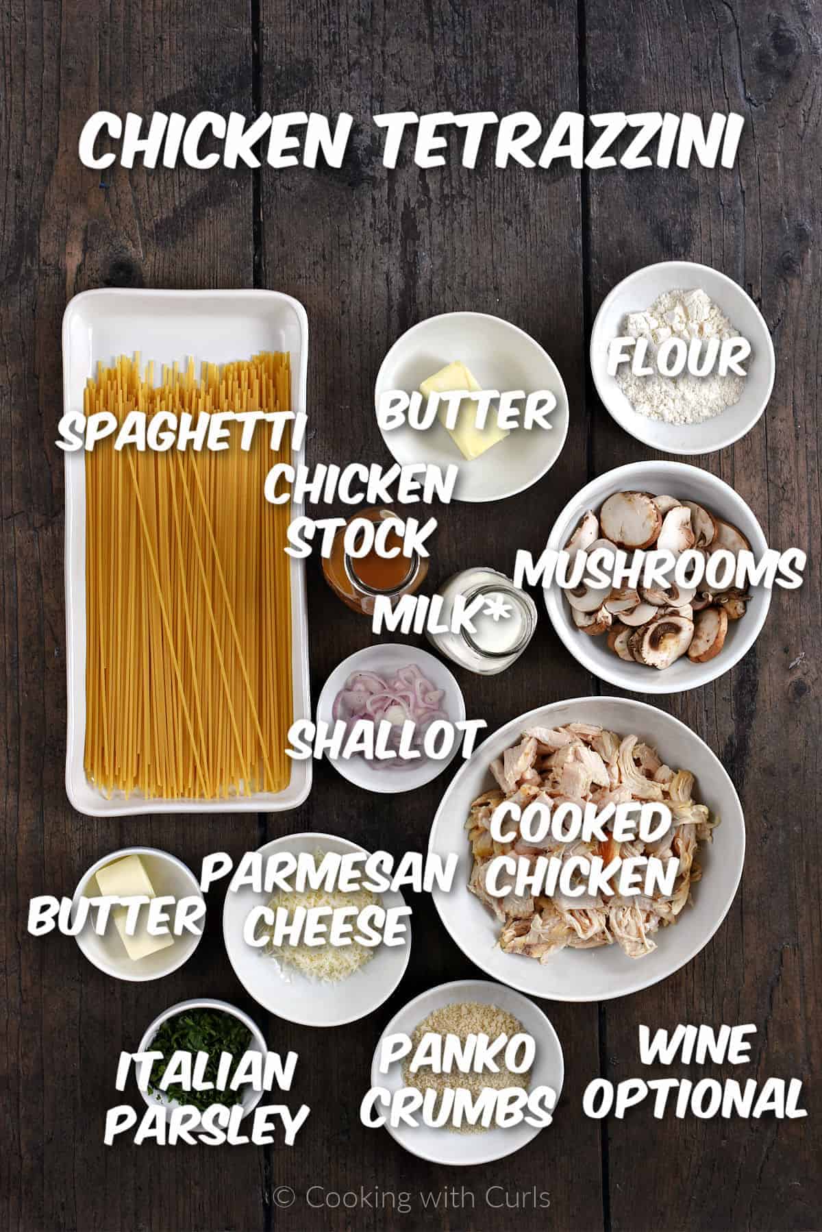 Ingredients needed to make Chicken Tetrazzini.
