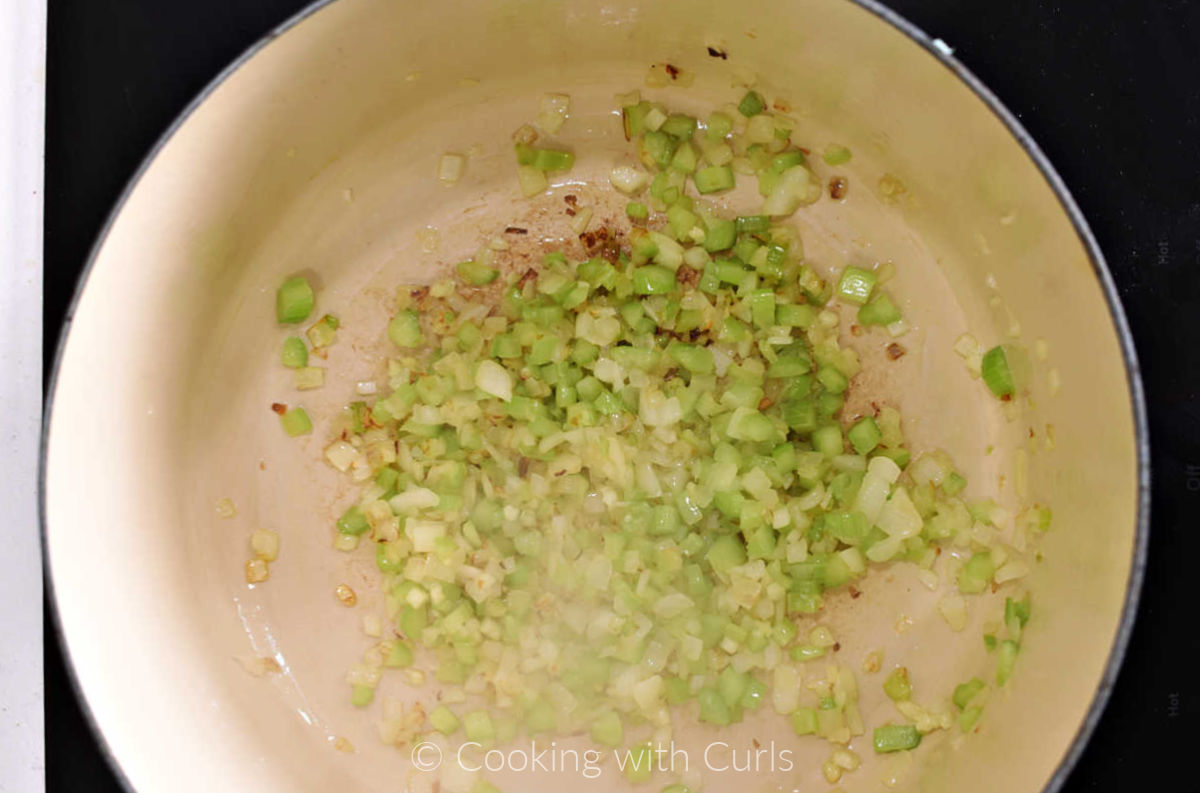 Diced celery, onion and garlic in a large pot. 