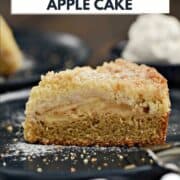 A slice of Irish Apple Cake on a blue plate and title graphic across the top.